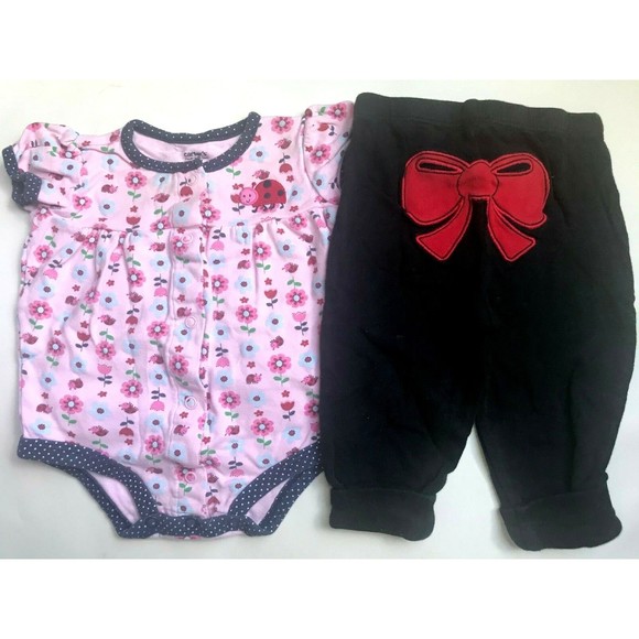 Girl's Size 6M 3-6 Months Two Piece Carter's Pink Ladybug Top, Black Bow Pants - Picture 1 of 9